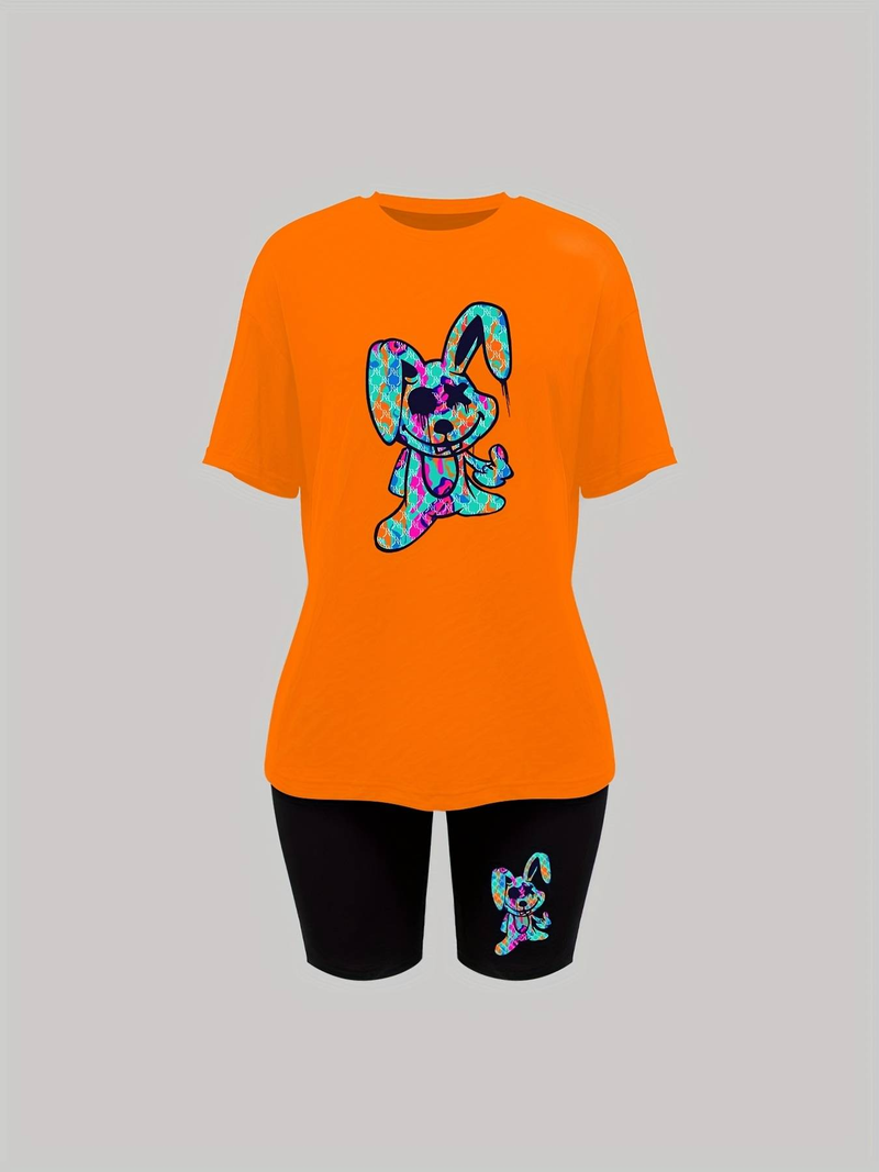 Women’s 2 Piece Outfit Set – Oversized Graphic T-Shirt And Biker Shorts Matching Set, Casual Summer Lounge Tracksuit For Daily Wear_voghion.com