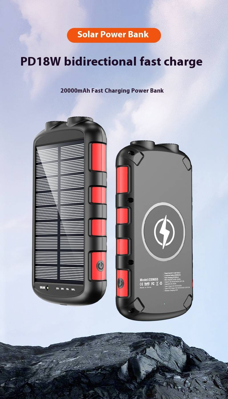 High-Capacity 20000mAh Solar Power Bank With PD 18W Fast Charging, IPX6 Waterproof, Wireless Charging For Outdoor Adventures - Multi-Port Output_voghion.com