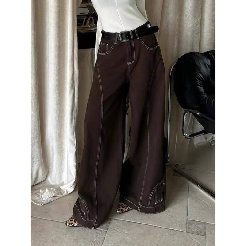 Retro Straight-Leg Jeans – High Waist Loose Fit Denim Pants (Vintage Brown Wash, Streetwear Staple, Non-Stretch Cotton Blend, Unisex Hip-Hop Style)_voghion.com
