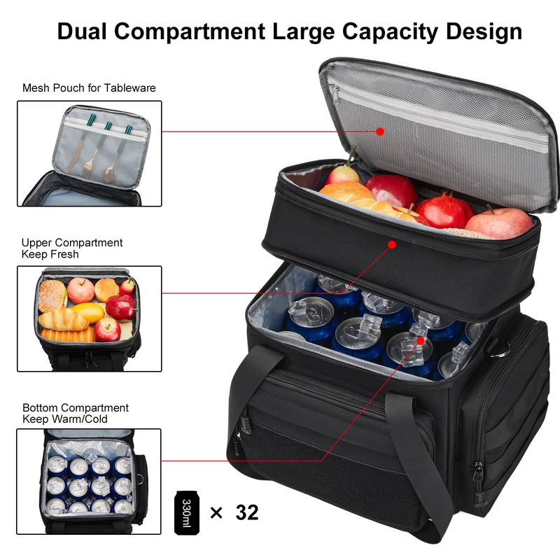 Tactical Lunch Box For Men,Thermal Lunchbox Leakproof Waterproof Cooler Bag,Large Lunch Pail For Work Office Camping Travel (Black)_voghion.com