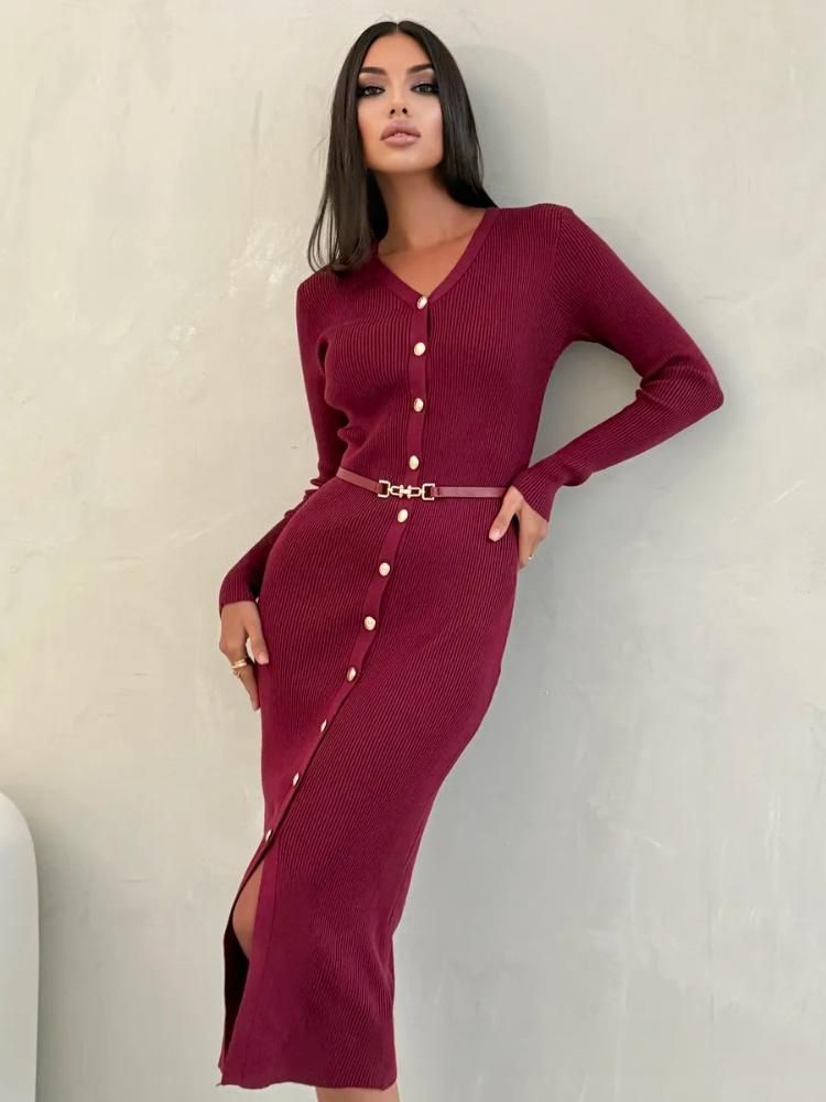 Women's Clothing Elegant V-Neck Long Sleeve Ribbed Knit Dress For Women - Stretchy Polyester, Plus Size, Office & Casual Wear (Available In 6 Colors)_voghion.com