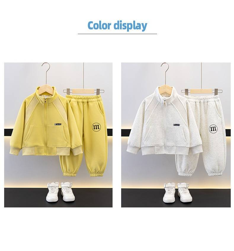 Boys' Stylish 2-Piece Sportswear Set - Soft Cotton Long Sleeve Top & Pants, Trendy Letter Print, Grey & Yellow (90-160cm)_voghion.com