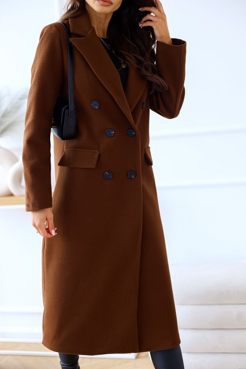 Cappotto lungo doppiopetto in lana - Classico trench britannico da donna con revers a lancia (S-3XL, cachi/marrone/nero/blu navy/blu reale)_voghion.com