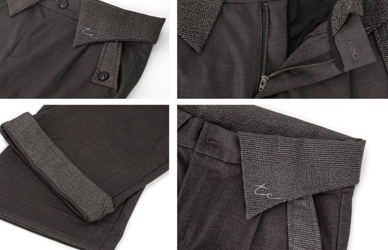 Pantaloni in misto lana con motivo pied de poule a doppia vita – Pantaloni a gamba larga a trapezio con dettaglio plissettato_voghion.com