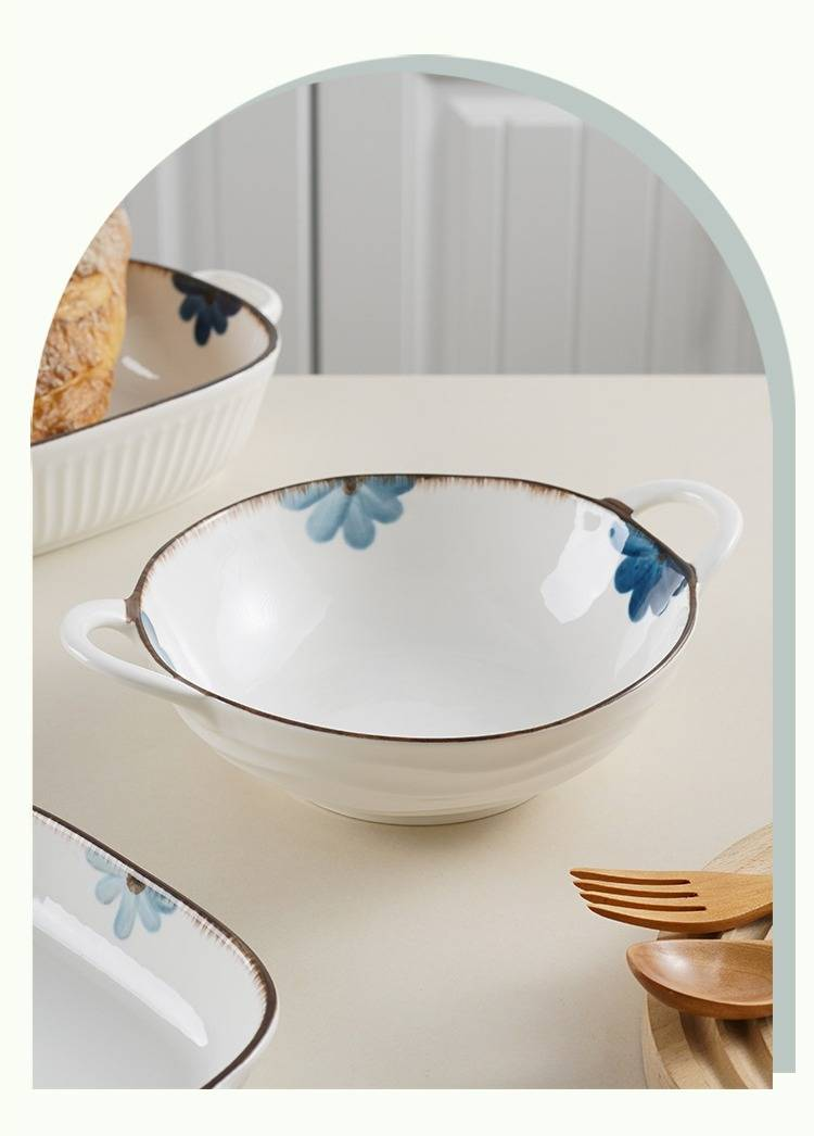Ceramic Baking Dish With Ink Floral Pattern – 9.5" Double-Handled Soup Bowl, Microwave & Oven Safe_voghion.com