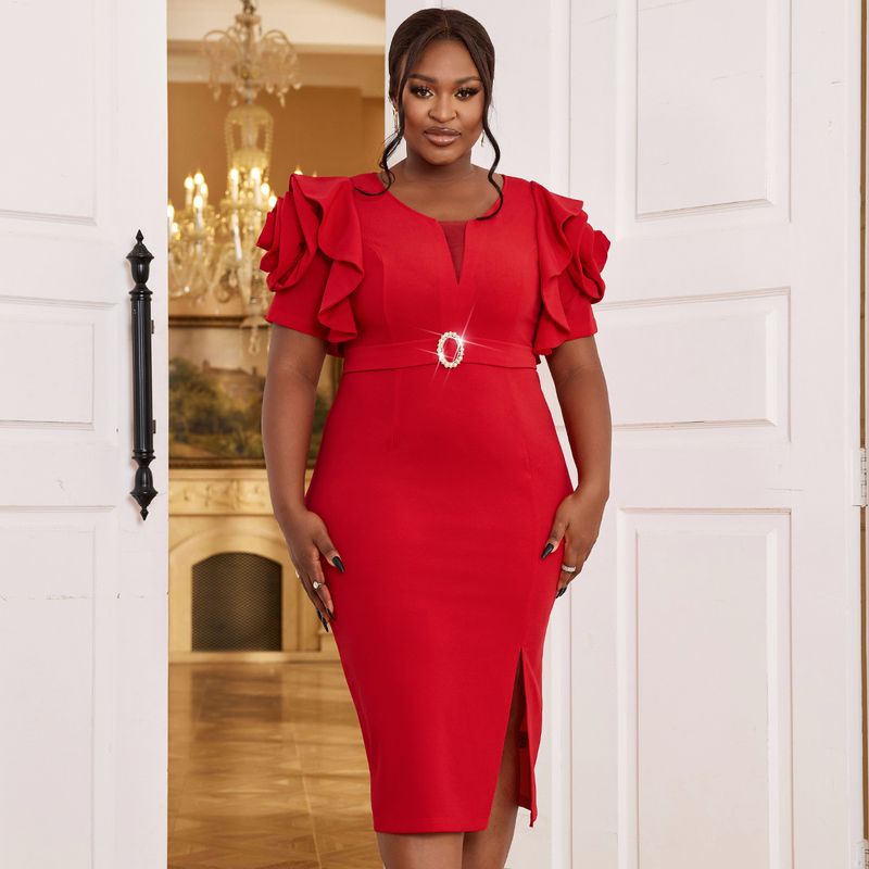 Plus Size Elegant Split Sleeve Party Dress – Belted Wrap Design, Stretchy Polyester, Red (S-1XL, Mid-Length, Flattering A-Line Cut)_voghion.com