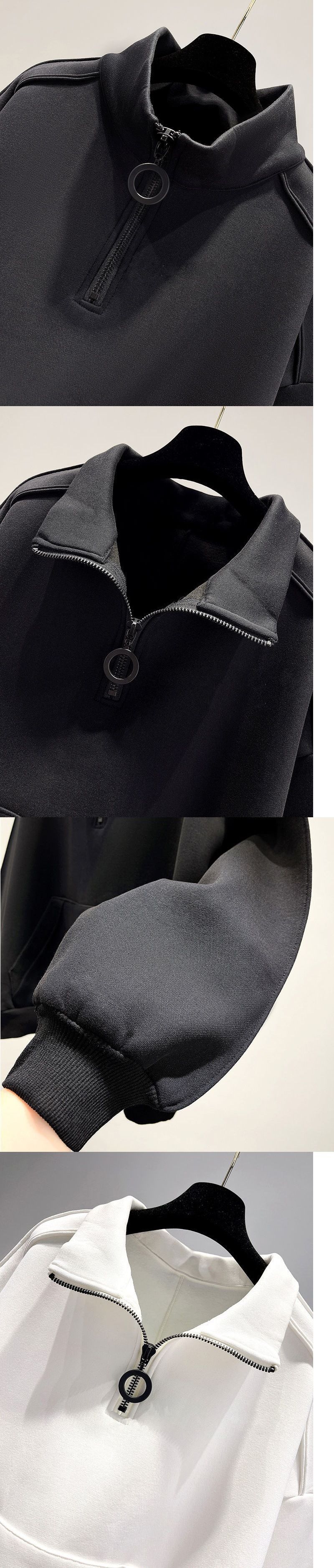 Abbigliamento maschile Felpa nera con mezza cerniera da uomo, giacca retrò con cappuccio e collo alto, abbigliamento da strada di alta qualità per uomo, autunno e inverno_voghion.com