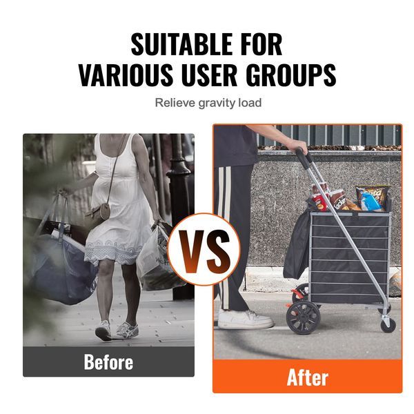 VEVOR Folding Shopping Cart, 200 Lbs Max Load Capacity, Grocery Utility Cart With Rolling Swivel Wheels And Bag, Heavy Duty Foldable Laundry Basket_voghion.com