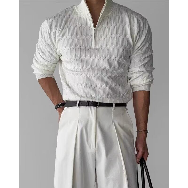 Maglione oversize in maglia grossa con cerniera e collo a dolcevita da uomo, casual, per l'inverno, alla moda e versatile (bianco/nero)_voghion.com