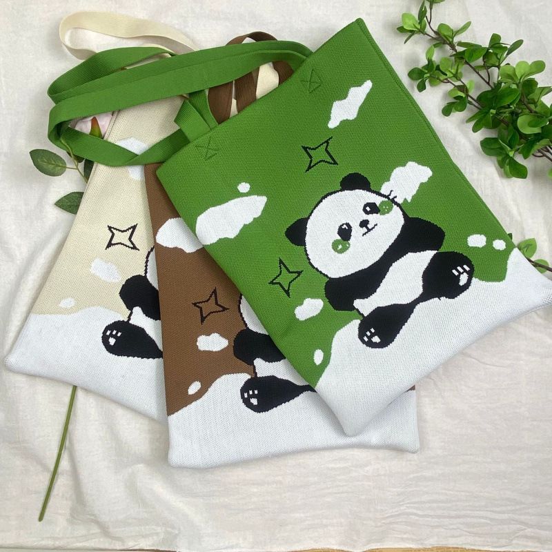Borsa a mano da donna lavorata a maglia a forma di panda dei cartoni animati, grande capacità, tracolla versatile, borsa a secchiello carina_voghion.com