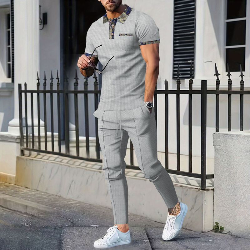Roupas masculinas com lapela waffle e bolsos combinando, calças de manga curta, terno casual_voghion.com