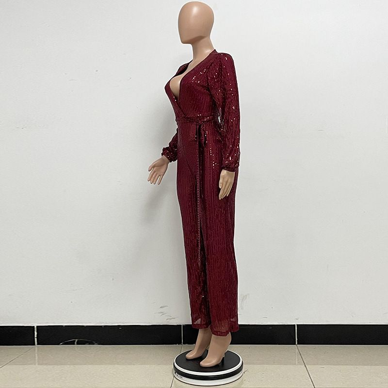 Damkläder Ins Style Deep V Mode Casual Jumpsuit Långärmat Bälte Paljett Jumpsuit Dam_voghion.com