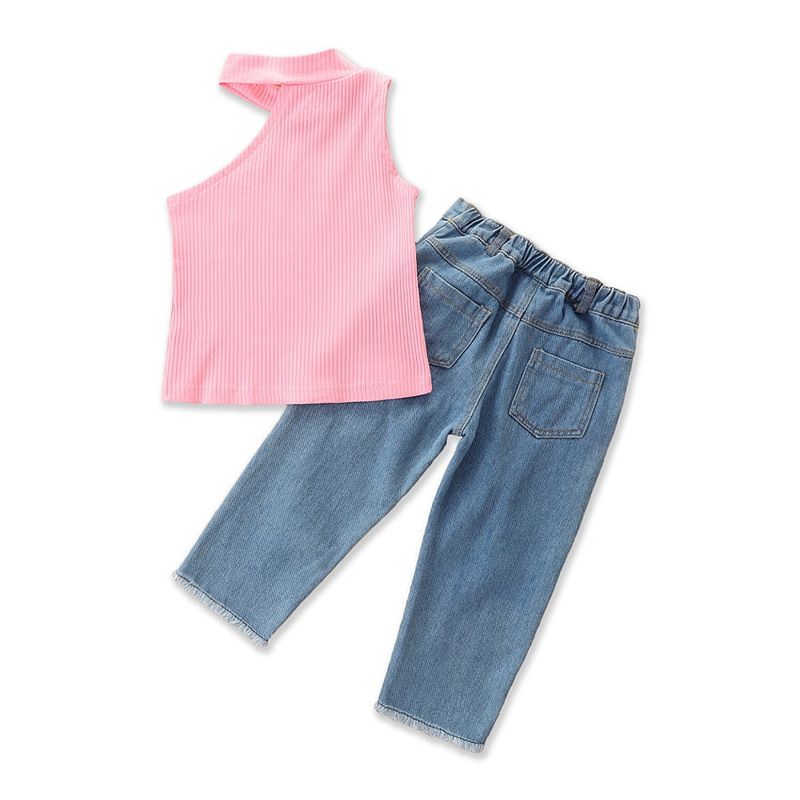 Småjenteklær Fasjonable jentedresser Nye sommerklær Jentekjoler med bare skuldre Ripped Jeans Dress med to deler_voghion.com
