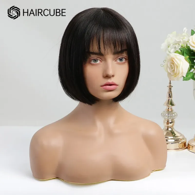 Bob-Perücke aus natürlichem, schwarzem, glattem Echthaar, kurz, 100 % Remy-Haar, mit Pony für Frauen_voghion.com