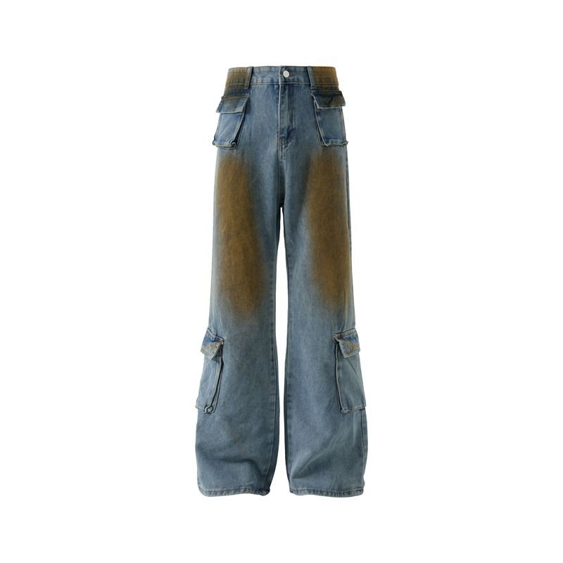 Spring Summer China-Chic Gradual Change Multi Pocket Straight Jeans Men And Women Personality Design Loose Skinny Pants_voghion.com