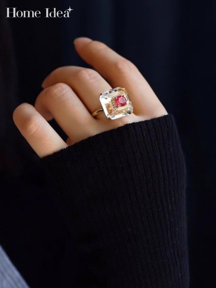 Ventes chaudes Bijoux fins Femmes Cristal Rubis Bague carrée S Sterling Sier Mode Bagues réglables_voghion.com