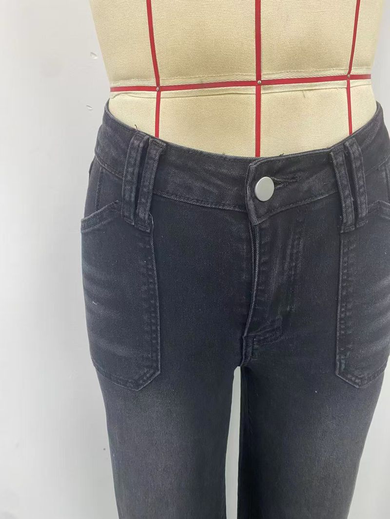 Jeans a gamba dritta a vita media da donna - Pantaloni classici in denim elasticizzato nero con vestibilità ampia e lusinghiera_voghion.com