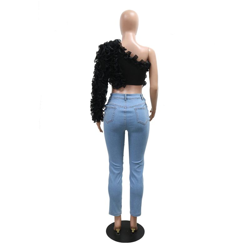 Dametøj Oblique Shoulder Lotus Short Top Fashion Ensfarvet Nye kvinder_voghion.com