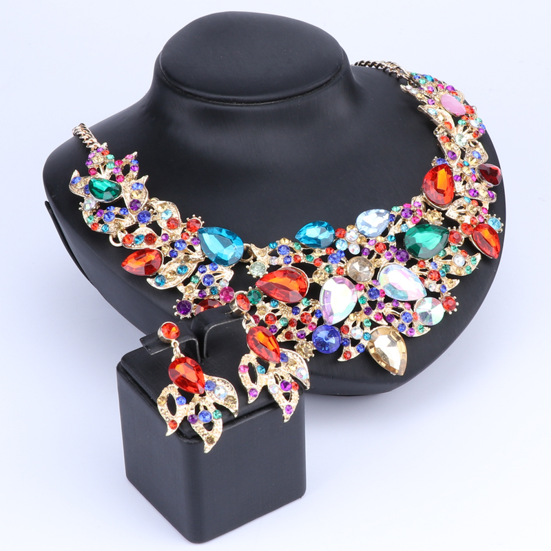 Set di bigiotteria da donna, da sposa, con strass, in cristallo, con collana di fiori e orecchini, per feste_voghion.com