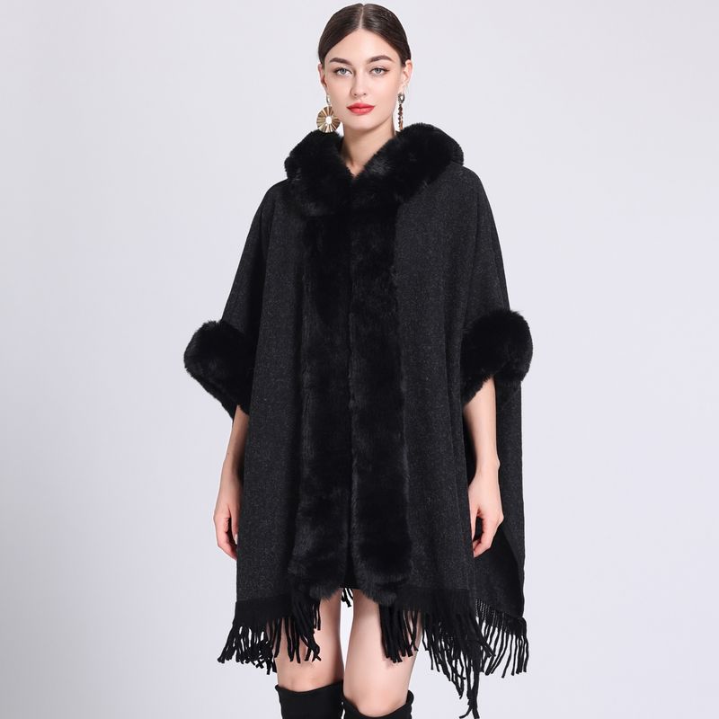 Femmes quand col de fourrure de renard manteau de laine moyen long tempérament cape cape manteau_voghion.com