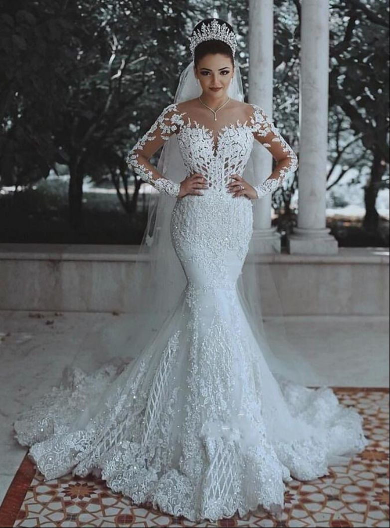 Robe de mariée sexy à col en V profond et queue de poisson pour femme Robe de mariée en dentelle_voghion.com