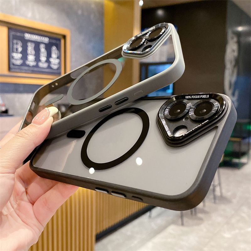 Capa de telefone transparente à prova de choque com lentes de metal para iPhone 16 15 14 Plus 13 12 Pro Max 11 magnética para capa de carga sem fio_voghion.com