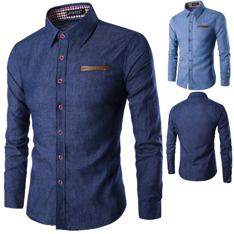 Herretøj lomme læder denim skjorte forår og efterår ny stil revers afslappet slank langærmet skjorte_voghion.com