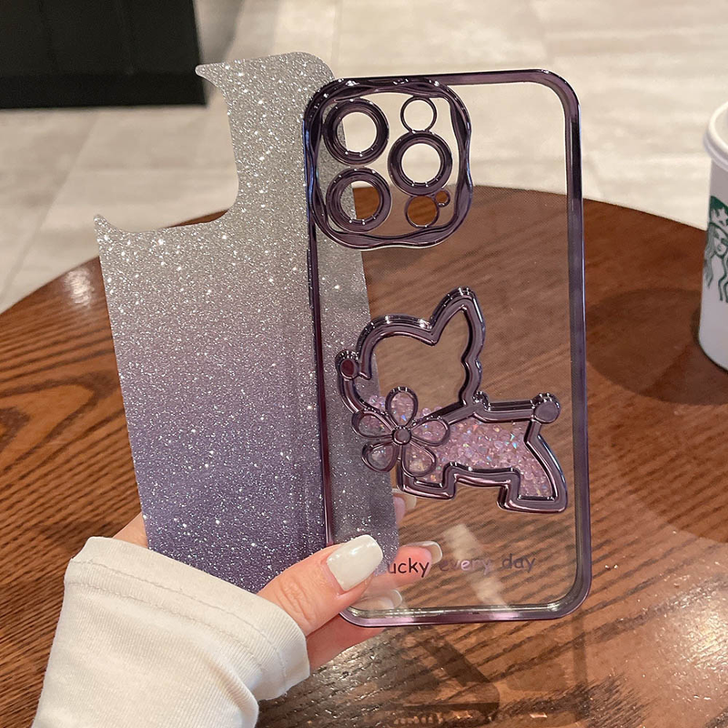 Luksuzna galvanizirana torbica za telefon z bleščicami, tekočim živim peskom in rožo za psa za iphone 14 13 12 11 Pro Max Gradient Bling odbijač_voghion.com