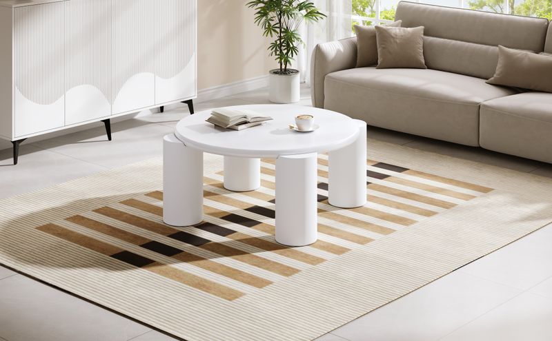 Table basse moderne White Cloud avec 4 pieds stables, petite table d'appoint ronde blanche pour salon, chambre, balcon, terrasse, design à bords arrondis_voghion.com