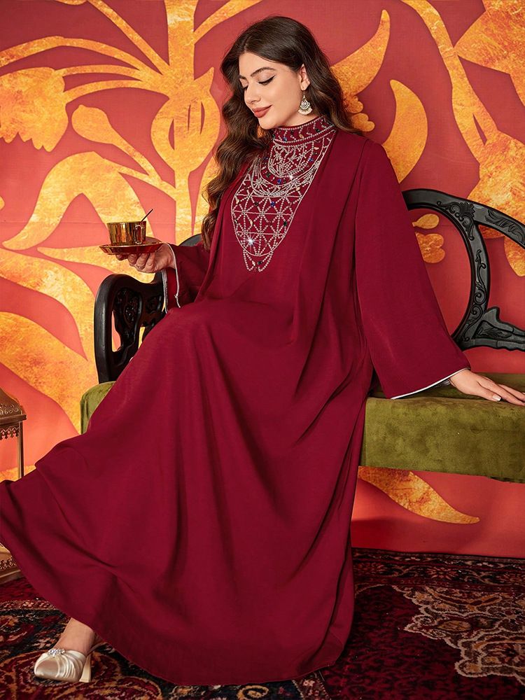 Vestido Abaya muçulmano elegante com bordado de miçangas – Vestido longo e modesto para mulheres, vestido longo evasê plus size, vestido formal com decote em V para noite_voghion.com