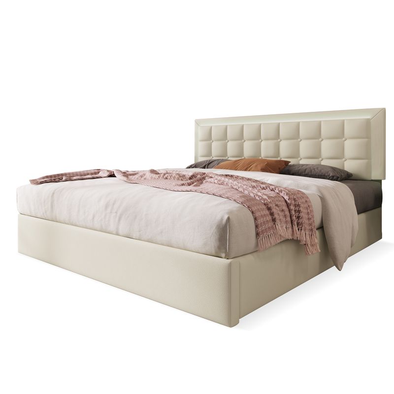 Lit double 140 x 200 cm avec sommier à lattes et rangements, avec bande lumineuse LED, cadre de lit rembourré en similicuir blanc._voghion.com