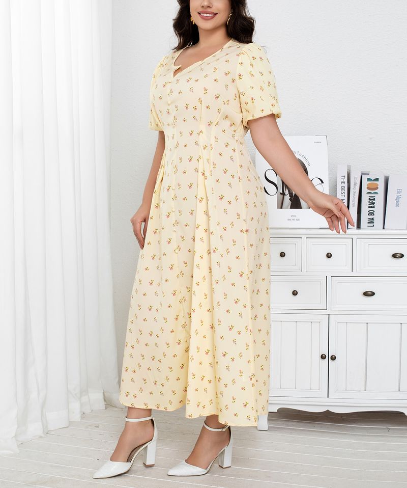 Wickelkleid mit Blumenmuster für Damen, V-Ausschnitt, Midi-Teekleid mit Knopfdetail, atmungsaktives Polyester, Übergröße 0XL-4XL (Gelb)_voghion.com