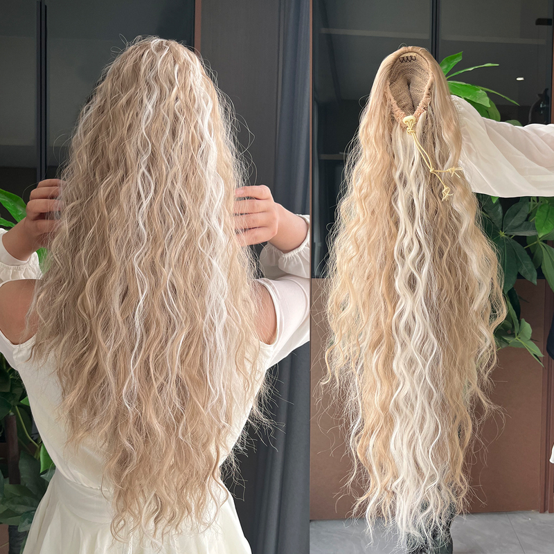Synthetisch haar 23 inch dames lang krullend met waterrimpel trekkoord paardenstaartvlecht voor modieus en natuurlijk simulatiehaar_voghion.com