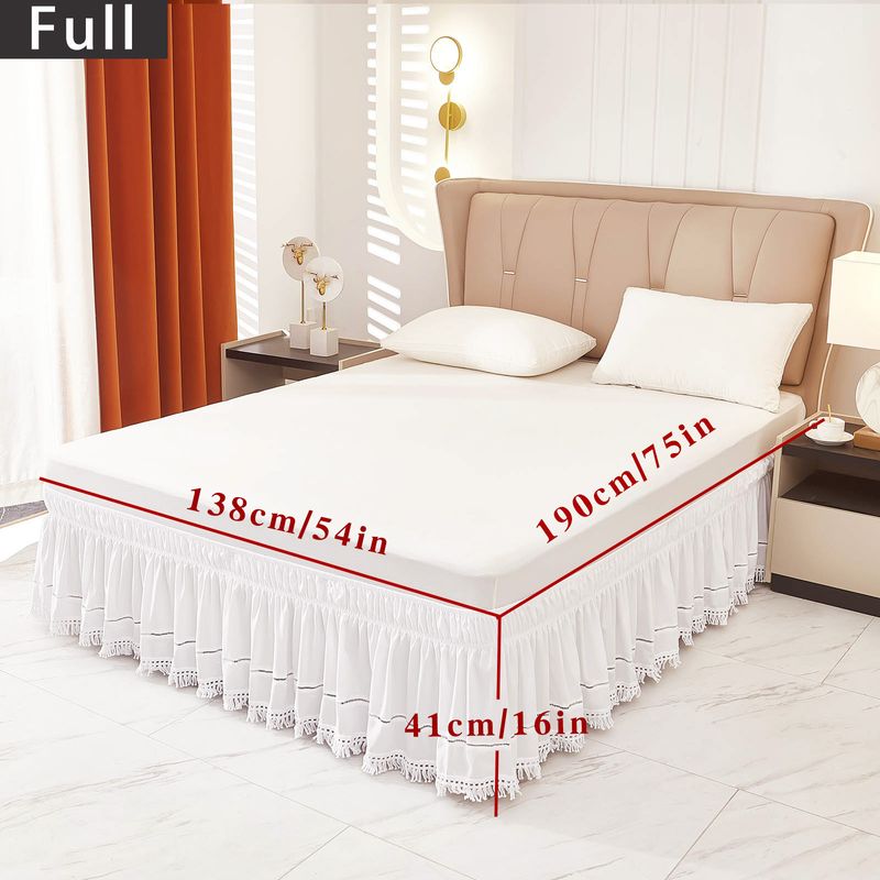 Gonna da letto bianca con nappe a più livelli - Copriletto elastico aderente con balza antipolvere e tasca profonda (il poliestere antipiega nasconde perfettamente la struttura del letto)_voghion.com