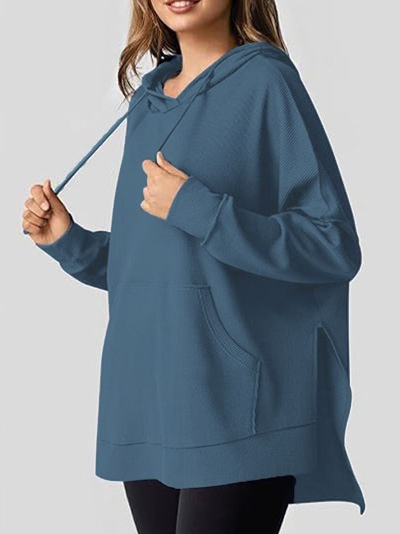 2025 Autumn Winter Women's Hoodie Waffle Knit Side Split Pullover Sweatshirt With Pocket Long Sleeve_voghion.com