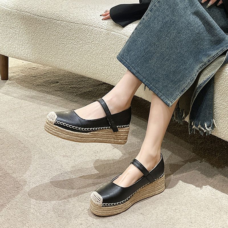 Mary Jane For Women Spring New Fashion Versatile Wedge Single Elegant One-Strap Shallow Mouth Small Leather Shoes_voghion.com