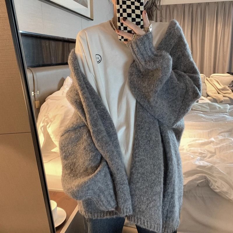 Cardigan in maglia morbida – Maglione oversize con scollo a V e maniche a principessa, trama a coste, color avena e grigio (S-XL)_voghion.com
