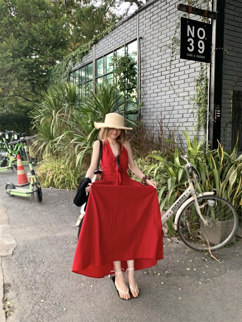 Dammekleeder liicht prall Retro Halter Neck Sexy Kleed Summer Lazy Style Design Wandern Rees Vakanz Knöchel Laang Rock_voghion.com