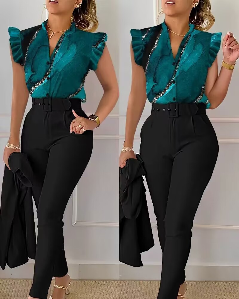 Women's Pant Set 2025 Summer Fashion Geometric Print Ruffle Sleeve Top And Pants Set With Belt Elegant Office Suit_voghion.com