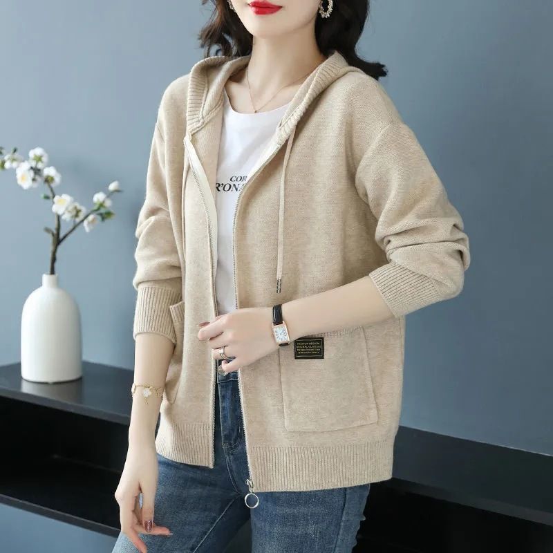 Damen-Strickjacke mit Reißverschluss und Kapuze – Übergroßer Strickpullover im koreanischen Stil (4 Farben, leichtes Polyester)_voghion.com
