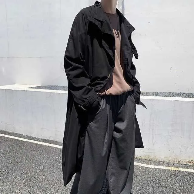 Mäntel Männlich Frühjahr männer Windjacke Crdigan Casual Gürtel Streetwear Grün Lose Revers Mantel Britischen Trenchcoat_voghion.com