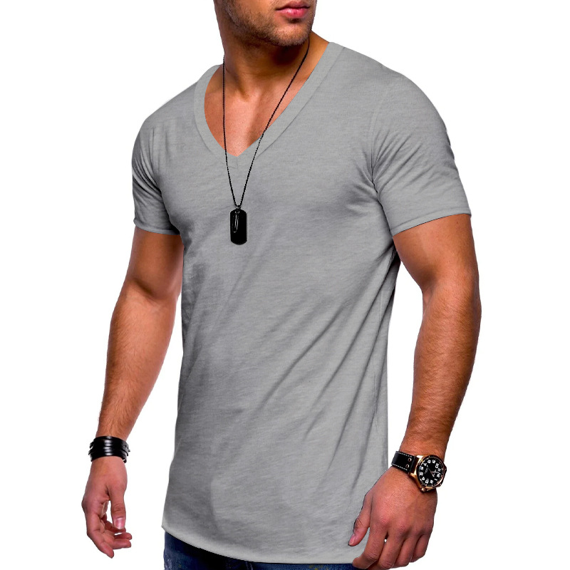 Men's v-neck solid color plus size casual short-sleeved t-shirt_voghion.com