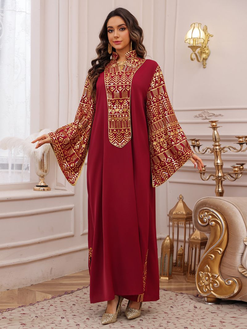 AB474 Elegantes muslimisches Abaya im Dubai-Stil mit aufgestickten Perlen und fließenden Ärmeln – schlichtes langes Kleid in Übergröße für Damen (Grün/Rot, S-XXL)_voghion.com