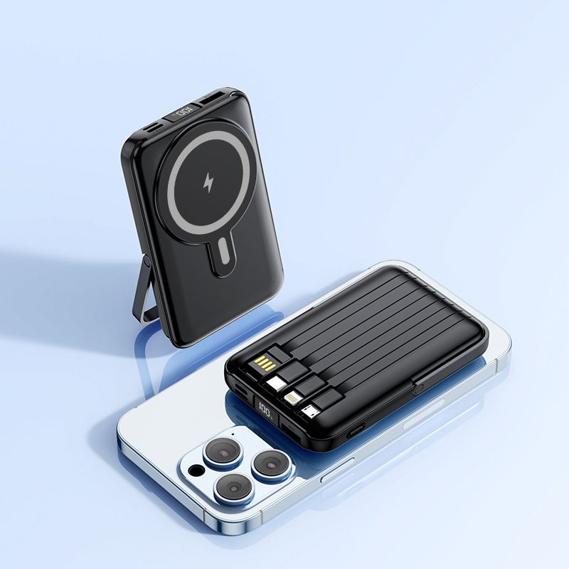 Draadloze magnetische powerbank 10000 mAh met ingebouwde standaard, handige draagbare oplader, aangepast logo, snel opladen_voghion.com