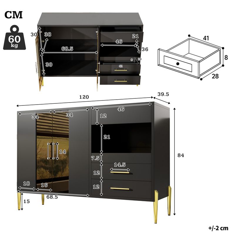 Credenza Schwarz Mit Tealfarbener Glastür, Kristallgriffen, Goldene Beine_voghion.com