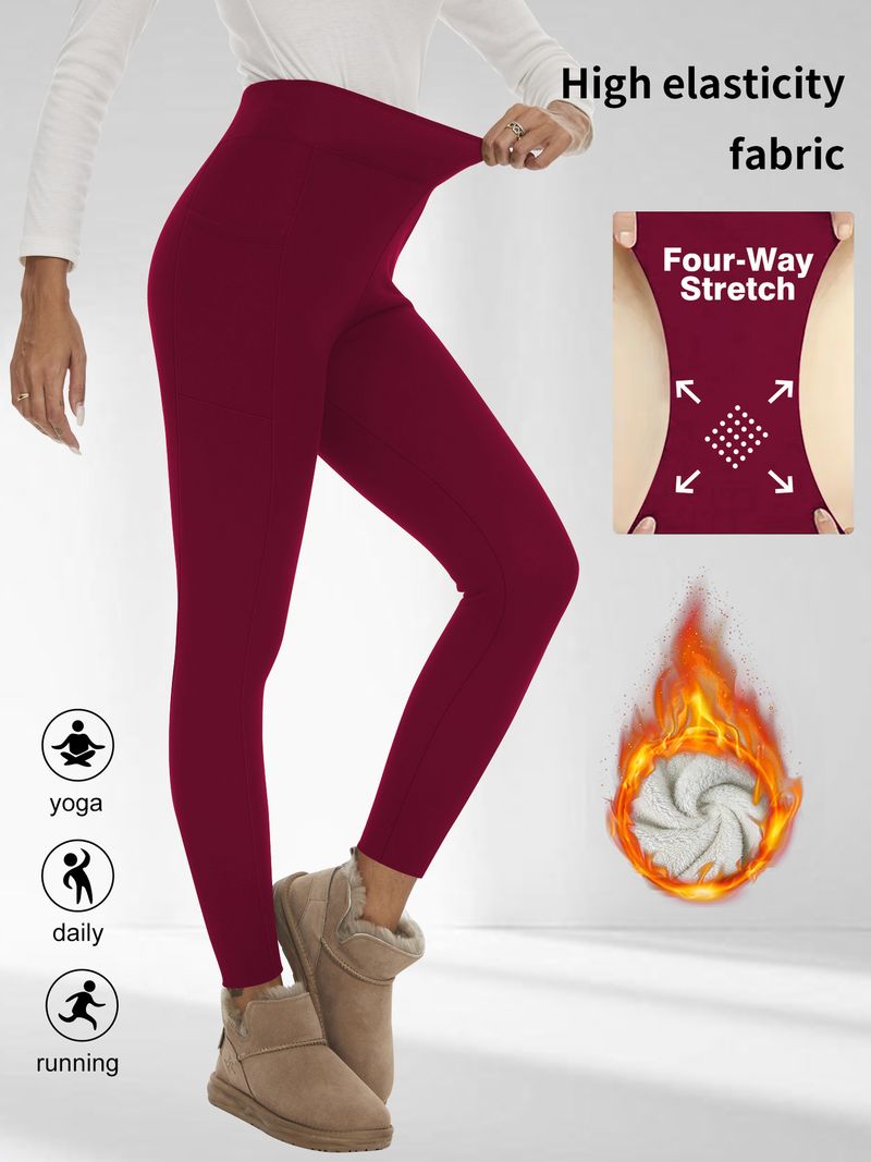 Leggings a vita alta con fodera in pile spesso e tasche – Pantaloni da yoga caldi ed elastici per donna (nero, blu navy, rosso vino, grigio scuro)_voghion.com