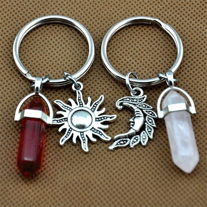 Natural Crystal Stone Sun And Moon Keychain Pendant Bullet Hexagonal Column Pendant DIY Creative Car Bag Hanging_voghion.com
