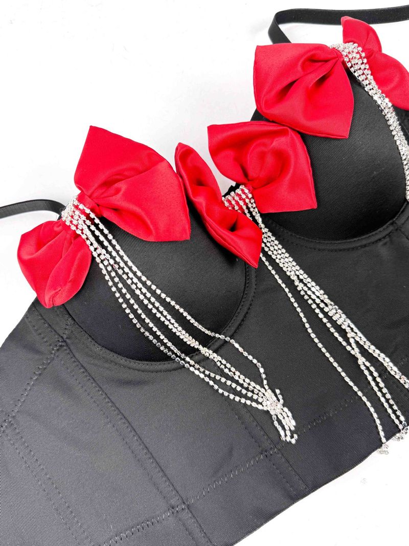 Corsetto a spina di pesce con fiocco grande e catena di diamanti, doppio strato pesante e nappa di strass squisita da donna_voghion.com