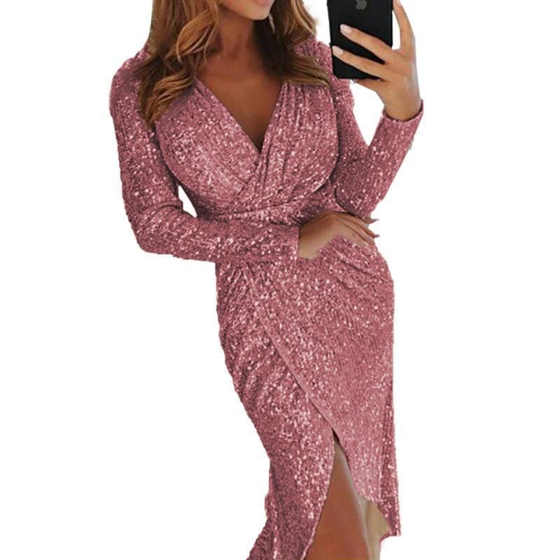 Abito da donna, nuovo, con stampa a caldo, sexy, a maniche lunghe, midi, scollo a V, spacco, vestibilità attillata, per cena formale._voghion.com