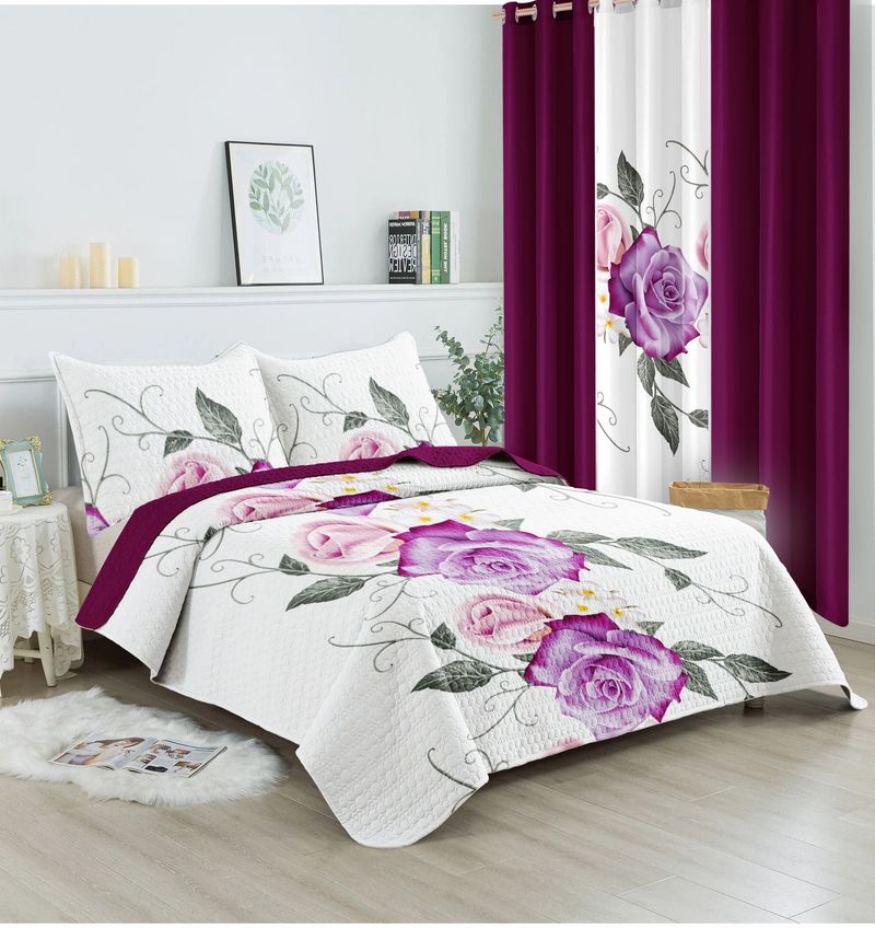 9 Piece Soft All-Season Washed Microfiber Cover Set , Queen/King/Calking Bedding Set With Pillowcases,Bedspread Print Curtains & Solid Curtains,Print, Moisture-Wicking, Soft ,Cooling, Easy Care_voghion.com